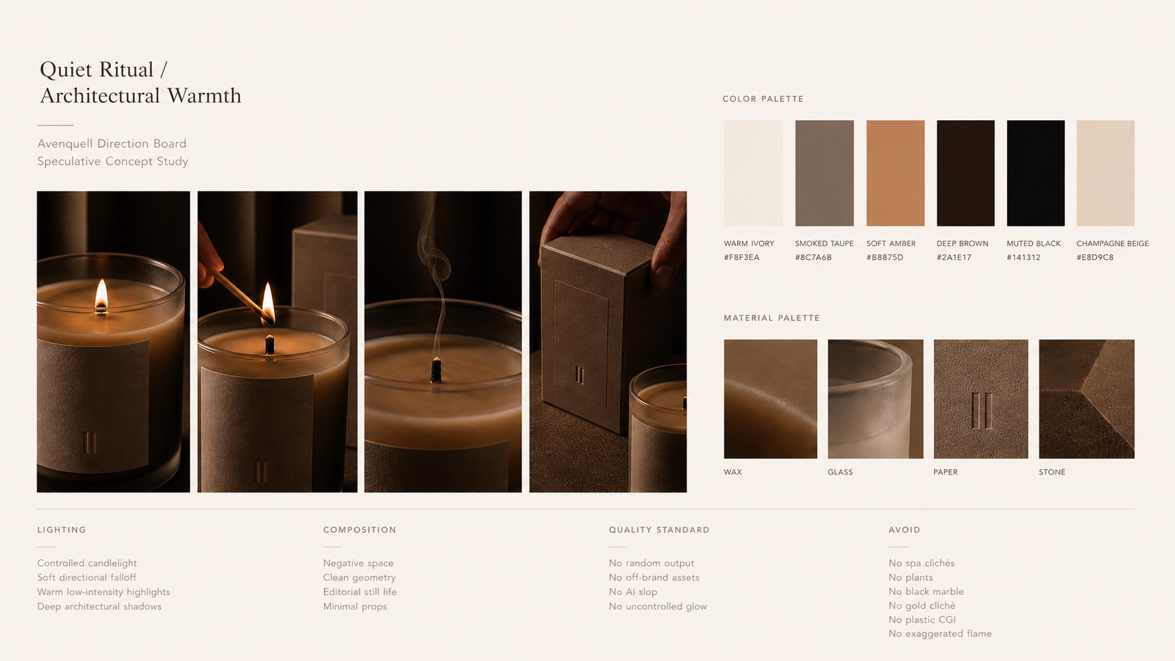 Avenquell direction board for Quiet Ritual Architectural Warmth concept study