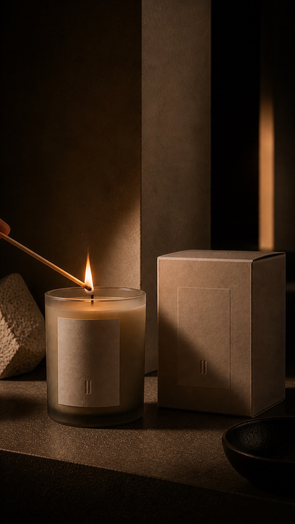 Match lighting candle for Quiet Ritual Architectural Warmth concept direction